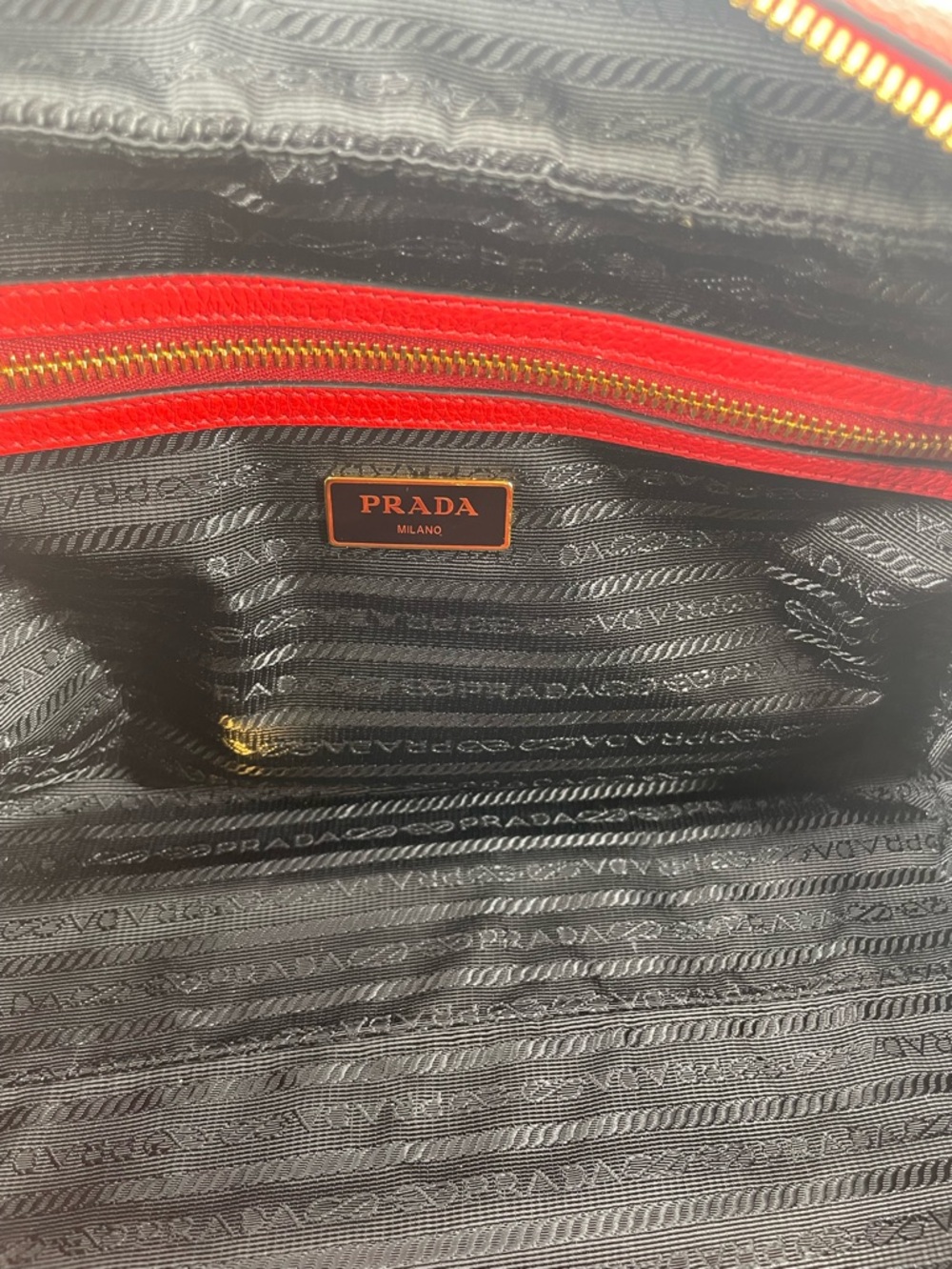 Prada Vitello Phenix Rosso Red Pebbled Leather Satchel with Guitar Striped Strap - Picture 9 of 11